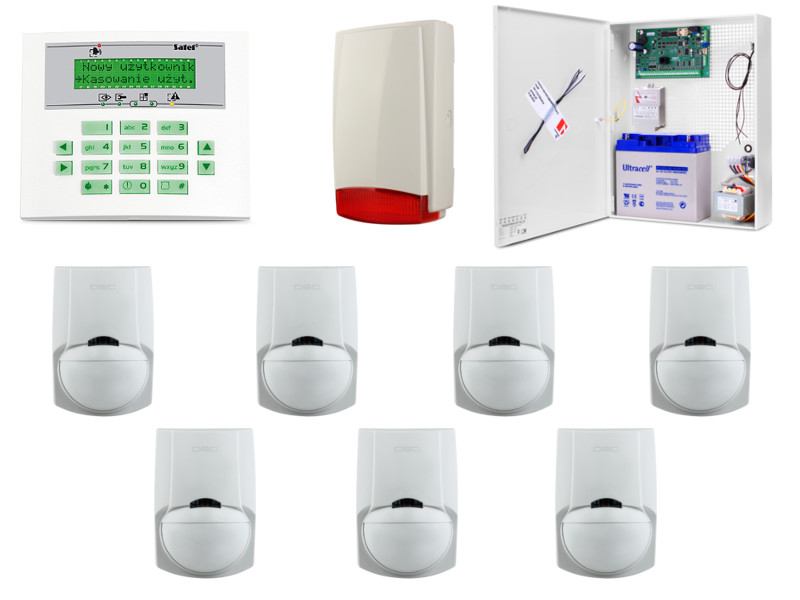 KOMPLETNY ZESTAW ALARMOWYOPARTY O SYSTEM SATEL CA-10PCENTRALA CA-10P, 7x CZUJNIK RUCHU DSC LC-100-PI