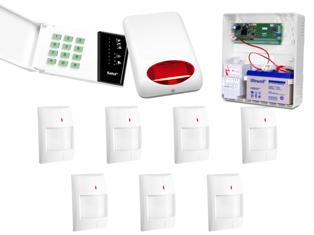 KOMPLETNY ZESTAW ALARMOWYOPARTY O SYSTEM SATELCENTRALA ALARMOWA CA-6P, 7 CZUJNIKÓW TOPAZ, SYGNALIZATOR SPL-5010