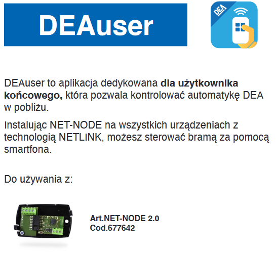 Aplikacja DEA USER (wymagany NET-NODE 2.0 cod. 677642)
