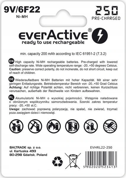 INNOWACYJNY AKUMULATOR 6F22 9V 250 mAh everActive WYKONANY W TECHNOLOGII