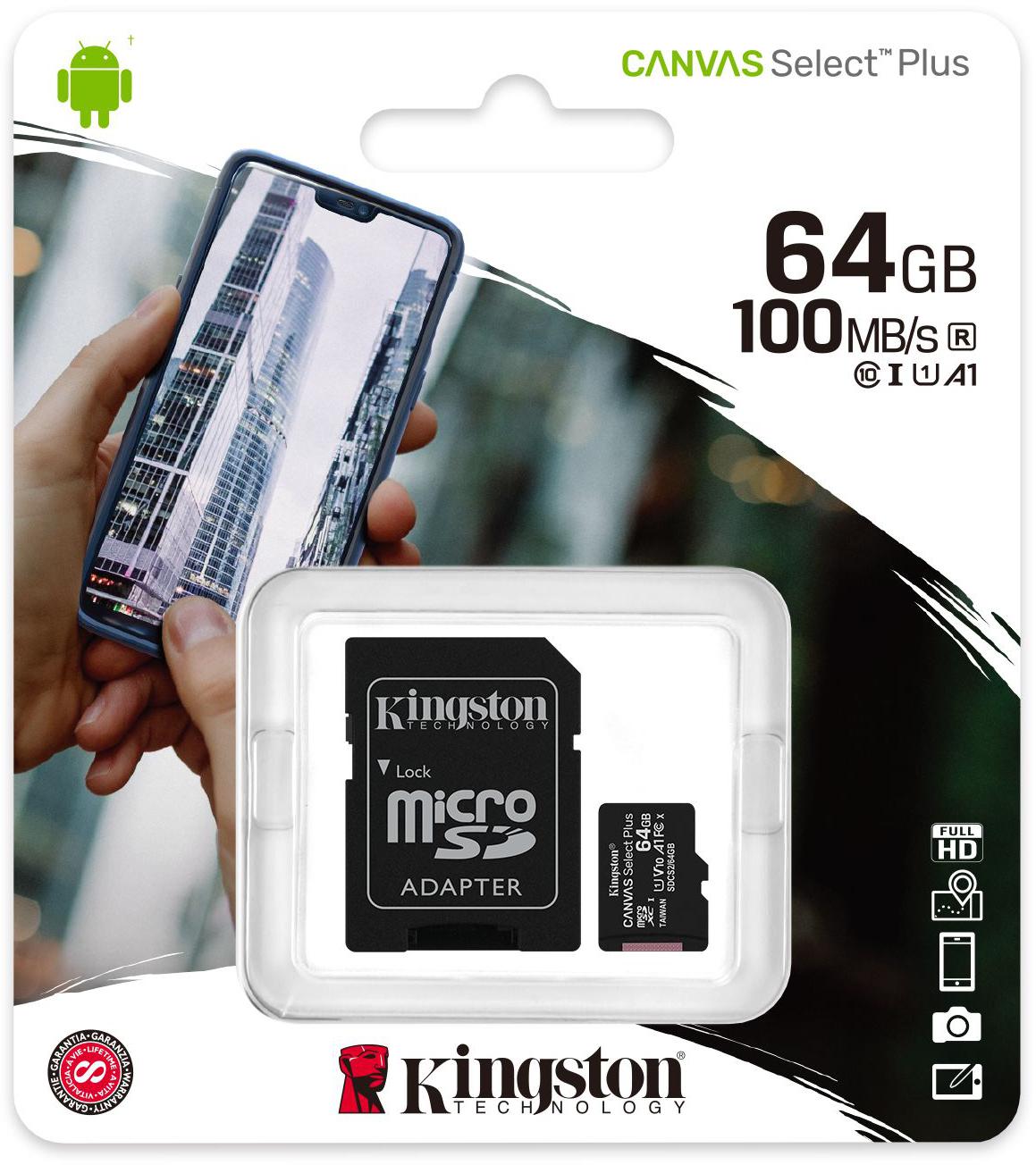 Kingston Canvas Select Plus 64GB 100MB microSDXC CL10 UHS-I Card + SD adapter - najważniejsze cechy: