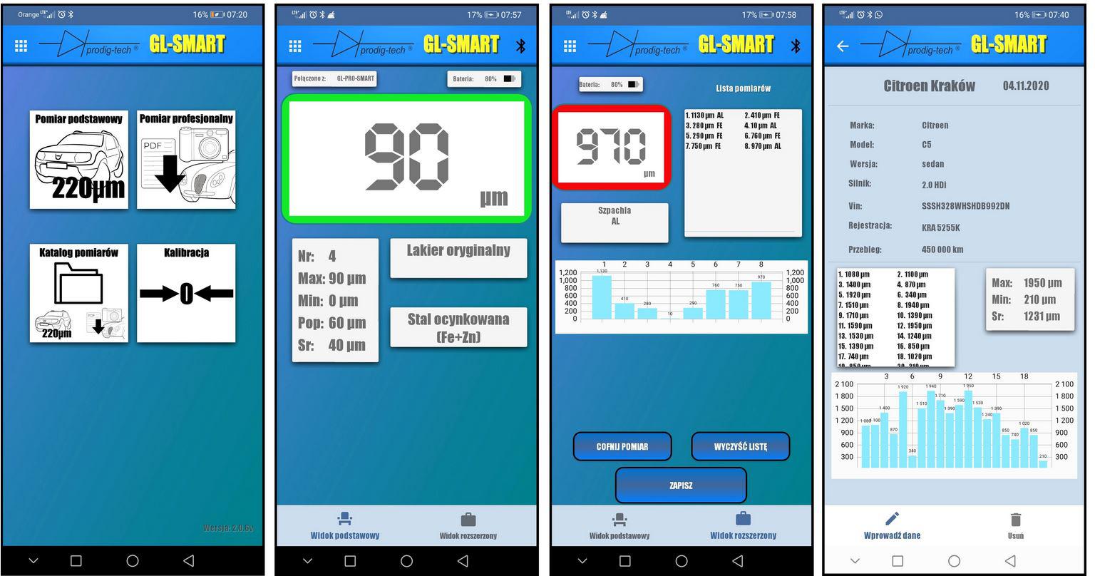 Widok na pulpit główny aplikacji (po lewej) oraz na tryb „pomiar podstawowy”.