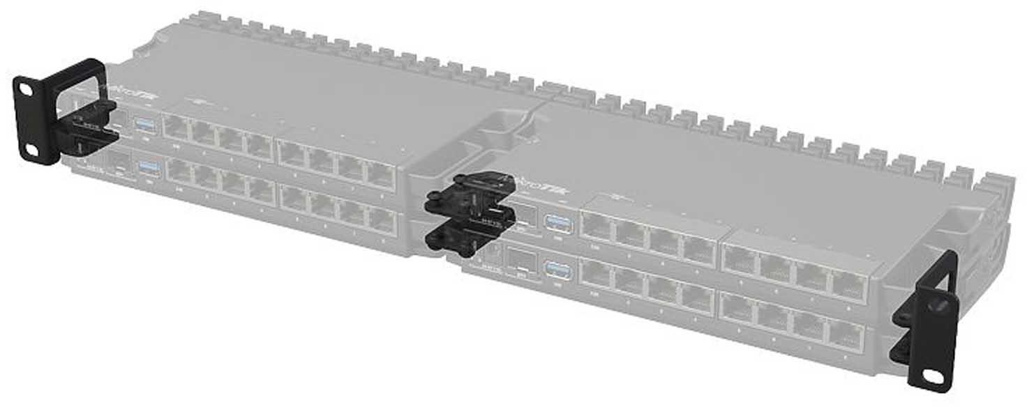 Dzięki prostemu zestawowi akcesoriów montażowych można zamontować aż 4 routery RB5009UG+S+IN w jednej przestrzeni rack 1U.