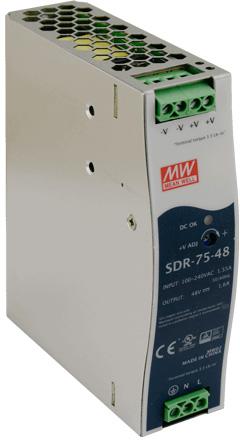 ZASILACZ IMPULSOWY NA SZYNĘ DIN MEAN WELL SDR-75-48 48V/75W/1.6A - NAJWAŻNIEJSZE CECHY: