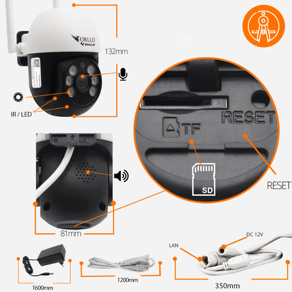 Kamera IP Orllo obrotowa zewnętrzna WiFi Z16 - wymiary: