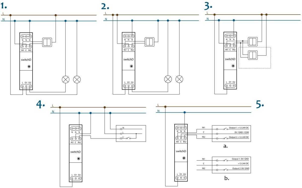 Bezprzewodowy podwójny wyłącznik 230V na szynę DIN BleBox SwitchBoxD DIN - schematy instalacyjne: