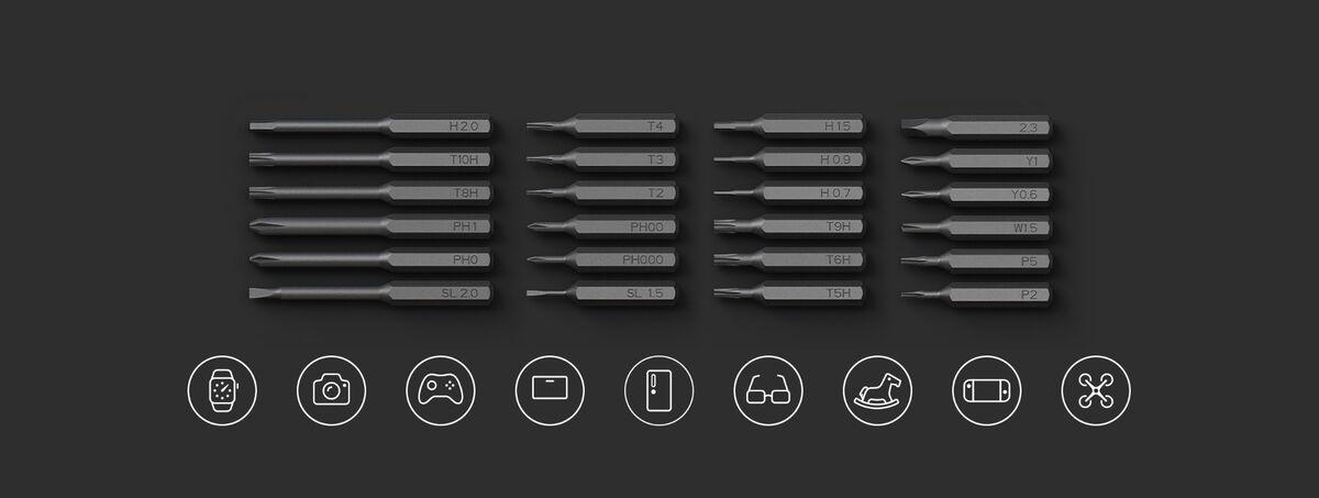 Xiaomi Electric Precision Screwdriver - wszystko, czego Ci potrzeba: 24 precyzyjne bity ze stali S2 w 9 głównych typach