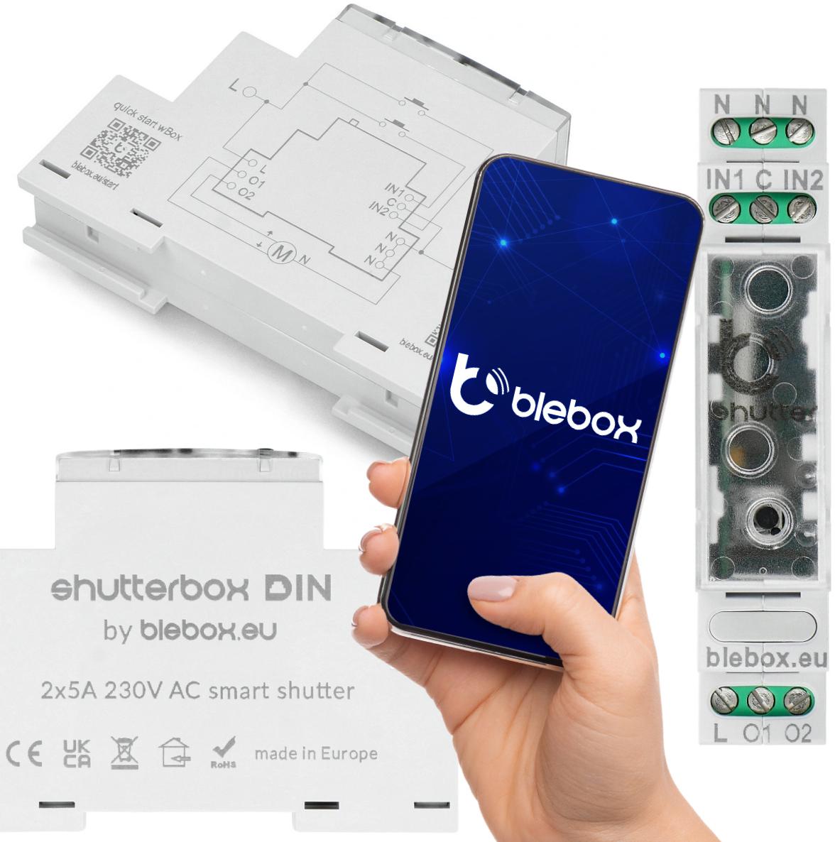 Sterownik rolet 230V Wi-Fi BleBox ShutterBox DIN kompatybilny z aplikacją na iOs i Android - najważniejsze cechy: