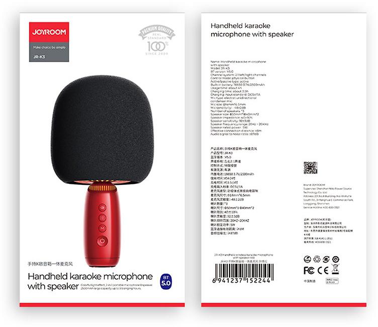 MIKROFON Bluetooth 5.0 2500mAh Joyroom JR-K3 RED BEZPRZEWODOWY Z GŁOŚNIKIEM - specyfikacja: