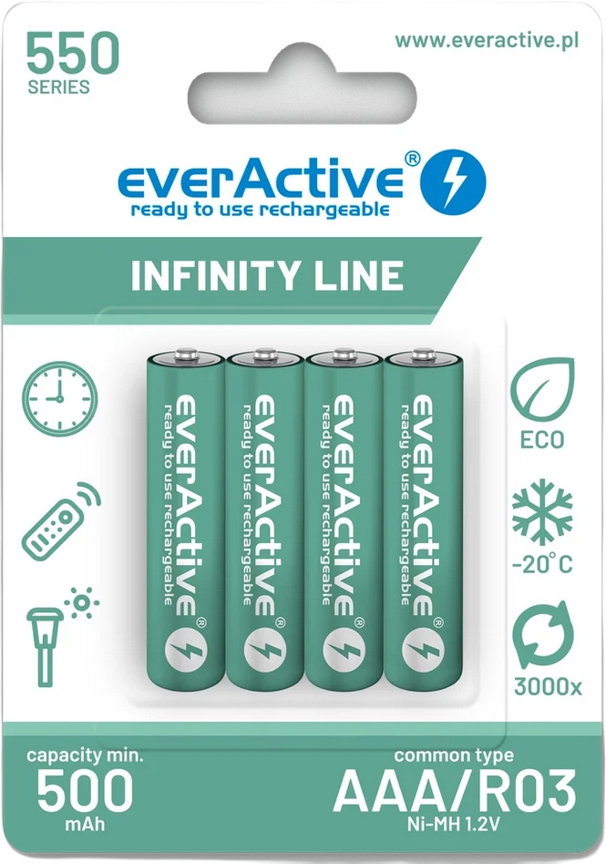 Najważniejsze cechy akumulatorków AAA / R03 Ni-MH everActive 550mAh Infinity Line: