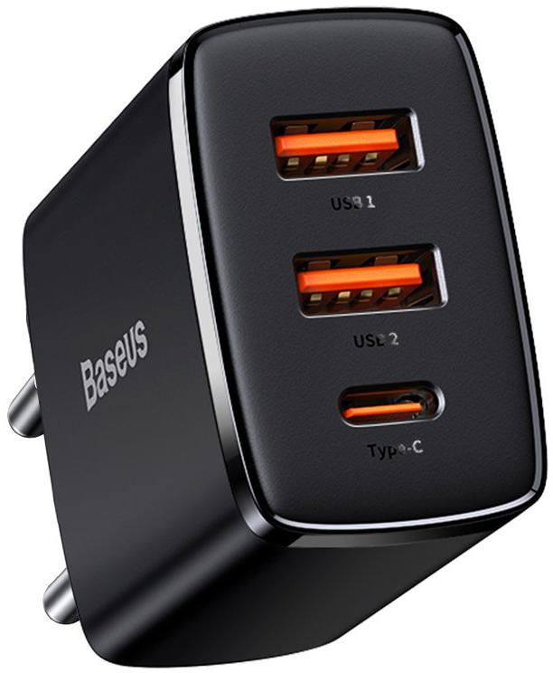 ŁADOWARKA SIECIOWA Baseus Compact Quick Charger CCXJ-E01 30W 2x USB-A 1x USB-C PD 3.0 QC 3.0 CZARNA