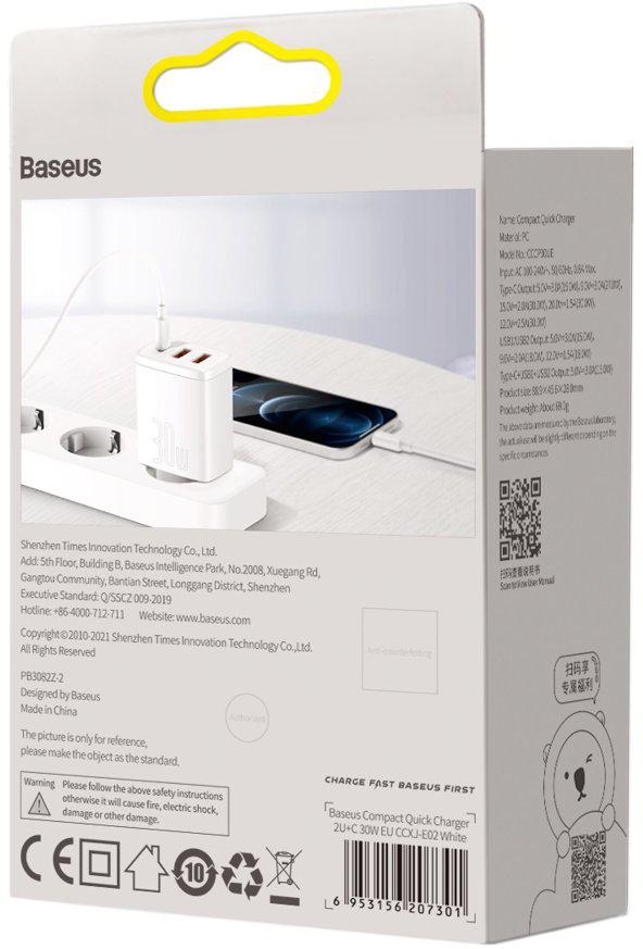 ŁADOWARKA SIECIOWA Baseus Compact Quick Charger CCXJ-E02 30W 2x USB-A 1x USB-C PD 3.0 QC 3.0 BIAŁA