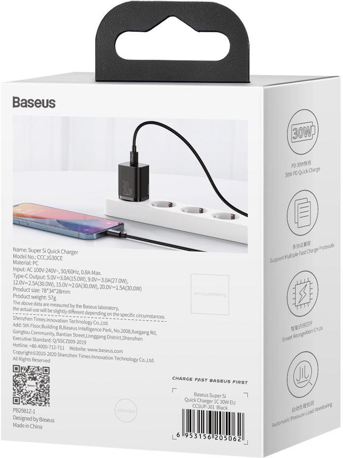 ŁADOWARKA SIECIOWA Baseus Super Si Quick Charger 1C CSUP-J01 30W 1x USB-C PD 3.0 QC 3.0 CZARNA