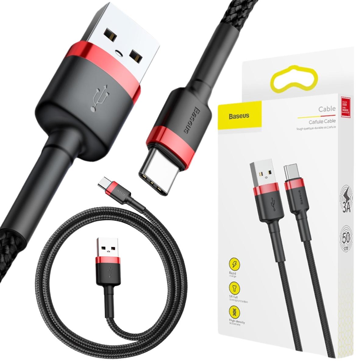 Baseus Cafule Cable wytrzymały nylonowy kabel przewód USB / USB-C QC3.0 3A 0,5m czarno-czerwony (CATKLF-A91)
