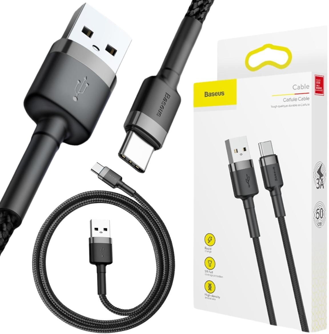 Baseus Cafule Cable wytrzymały nylonowy kabel przewód USB / USB-C QC3.0 3A 0,5m czarny (CATKLF-AG1) - najważniejsze cechy: