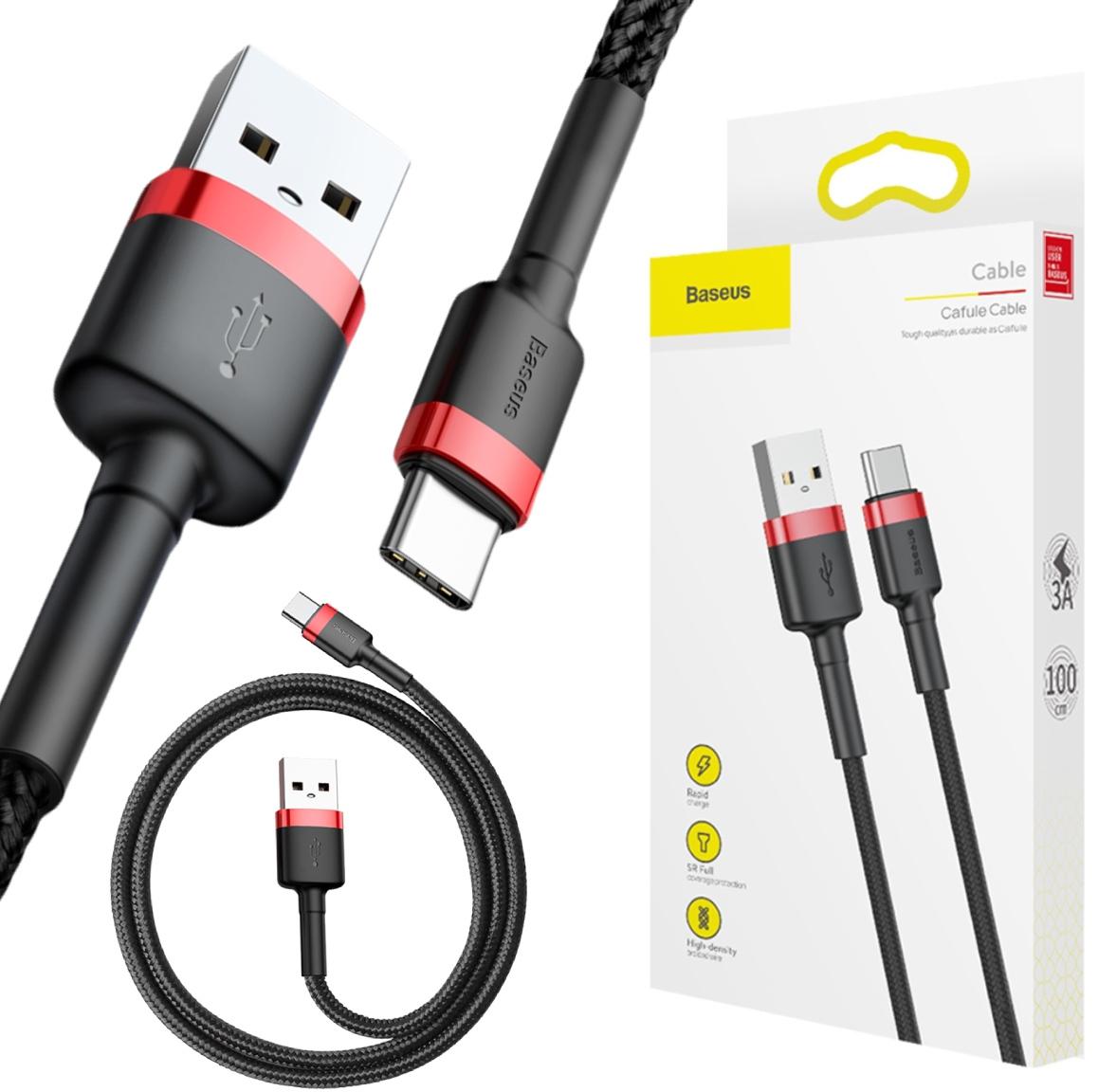 Baseus Cafule Cable wytrzymały nylonowy kabel przewód USB / USB-C QC3.0 3A 1m czarno-czerwony (CATKLF-B91) - najważniejsze cechy: