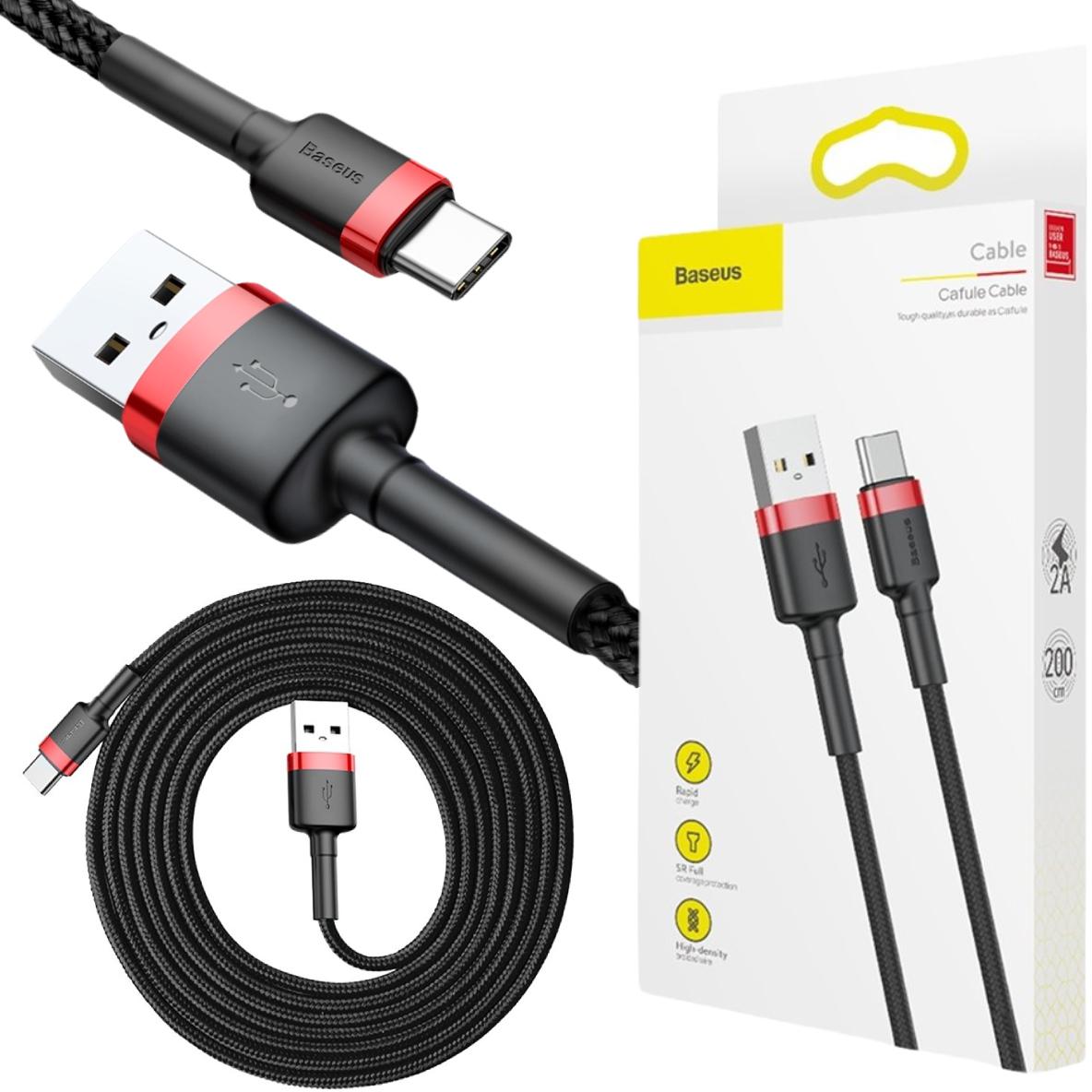 Baseus Cafule Cable wytrzymały nylonowy kabel przewód USB / USB-C QC3.0 2A 2m czarno-czerwony (CATKLF-C91) - najważniejsze cechy: