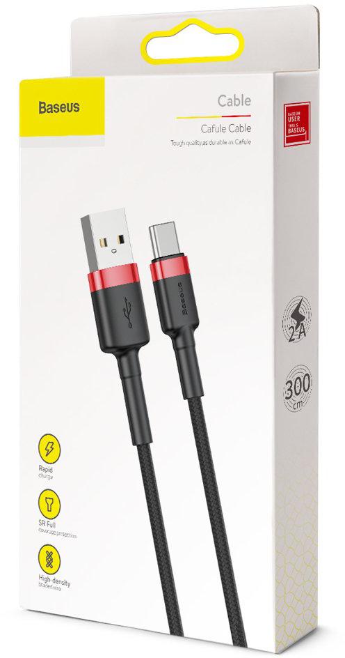 Baseus Cafule Cable wytrzymały nylonowy kabel USB / USB-C QC3.0 2A 3m czarno-czerwony (CATKLF-U91) - specyfikacja i dane techniczne przewodu: