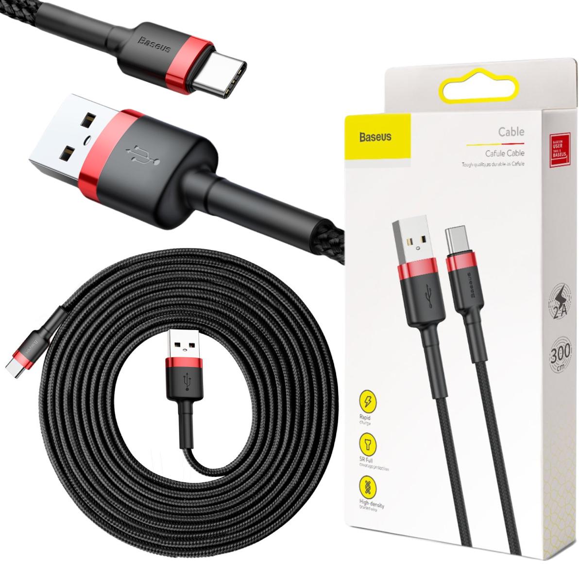 Baseus Cafule Cable nylonowy kabel USB / USB-C QC 3.0 2 A 3 m czarno-czerwony CATKLF-U91 – najważniejsze cechy:
