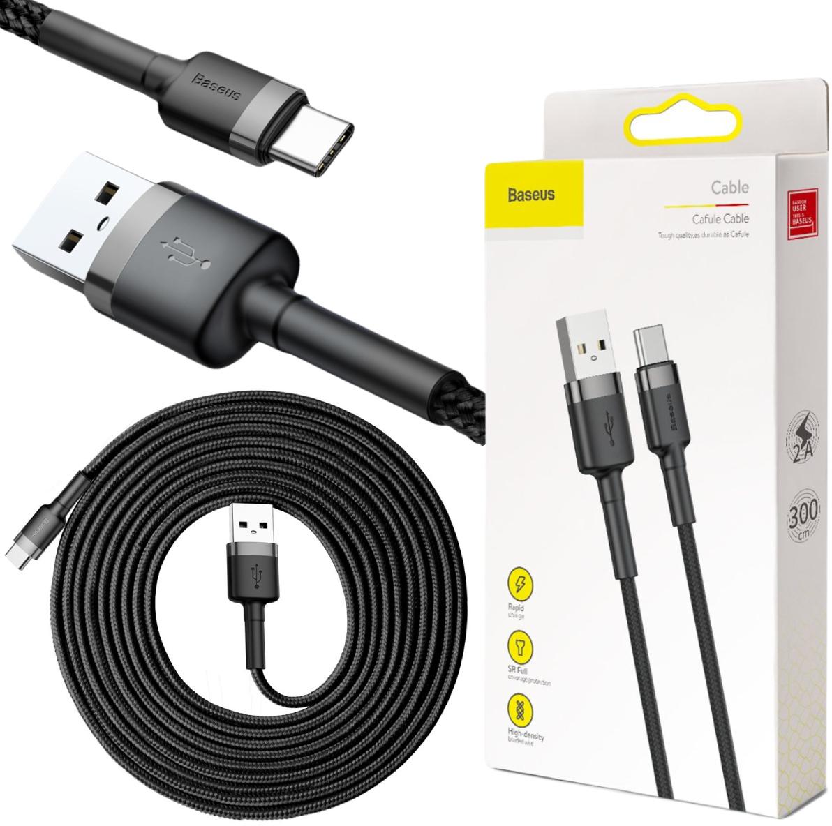 Baseus Cafule Cable wytrzymały nylonowy kabel przewód USB / USB-C QC3.0 2A 3m (CATKLF-UG1) - najważniejsze cechy: