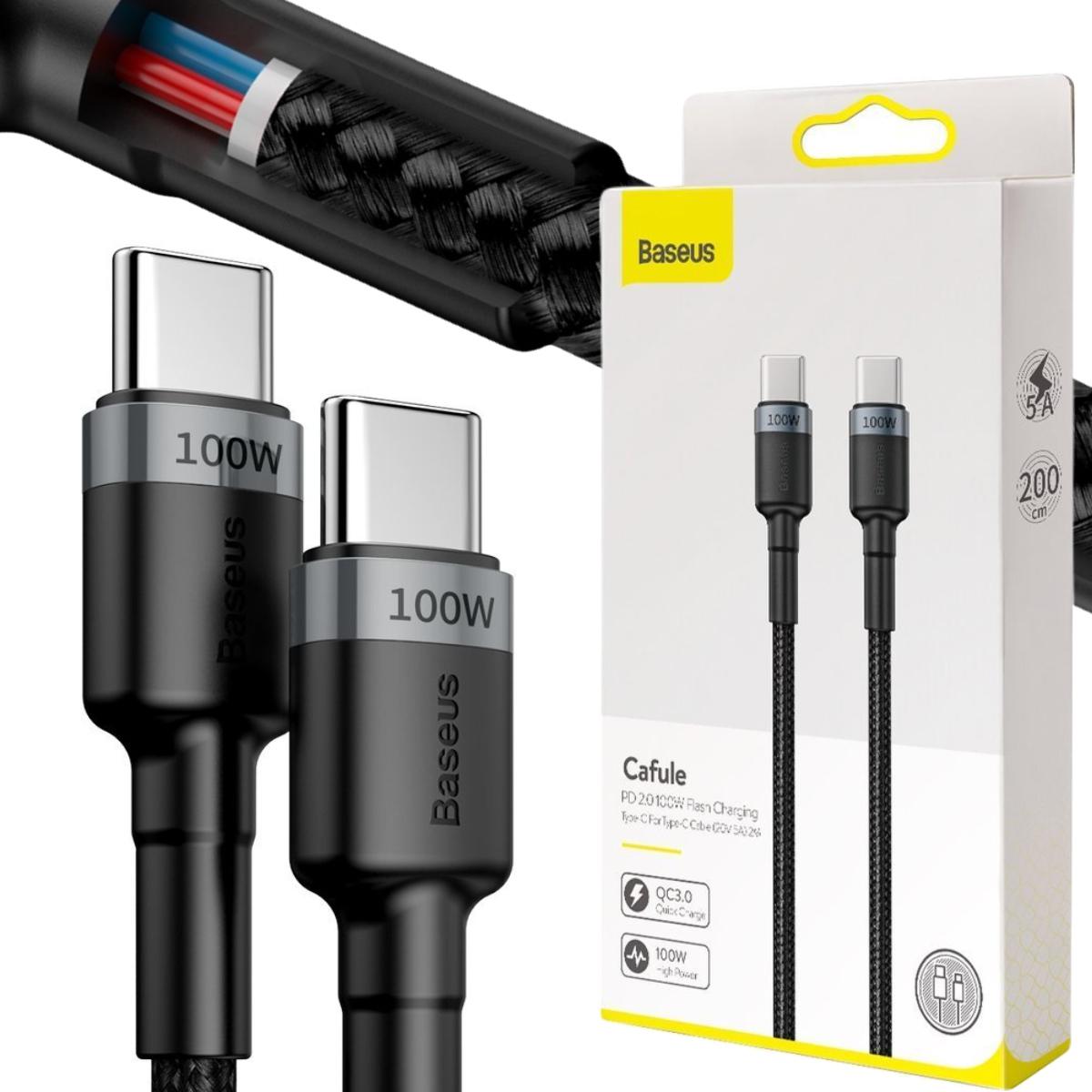 Baseus Cafule nylonowy kabel przewód USB Typ C Power Delivery 2.0 100W 20V 5A 2m szary (CATKLF-ALG1) - najważniejsze cechy: