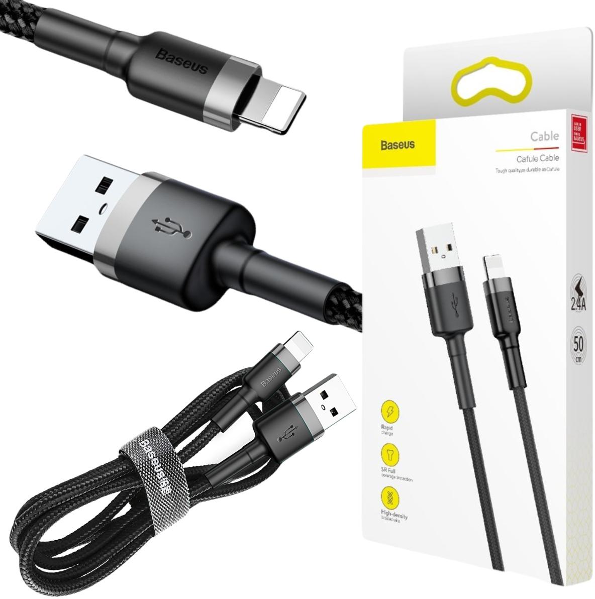 Baseus Cafule Cable wytrzymały nylonowy kabel USB / Lightning QC 3.0 2.4A 0,5m w oplocie (CALKLF-AG1) - najważniejsze cechy: