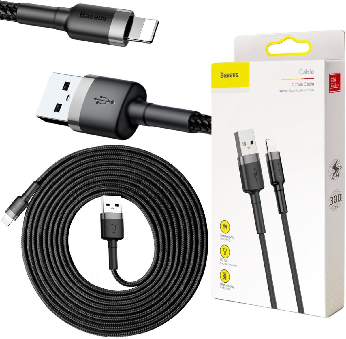 Baseus Cafule Cable wytrzymały nylonowy kabel USB / Lightning QC 3.0 2A 3m w oplocie (CALKLF-RG1) - najważniejsze cechy: