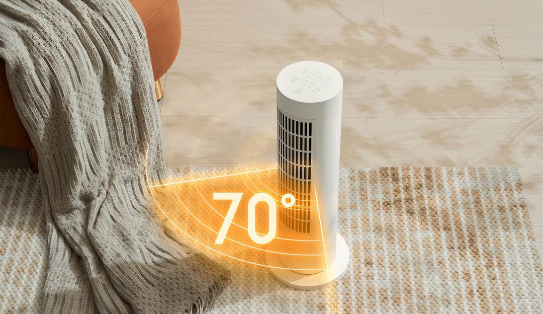 Xiaomi Smart Tower Heater Lite - wentylacja oscylacyjna o szerokim kącie 70° i przedni nawiew powietrza