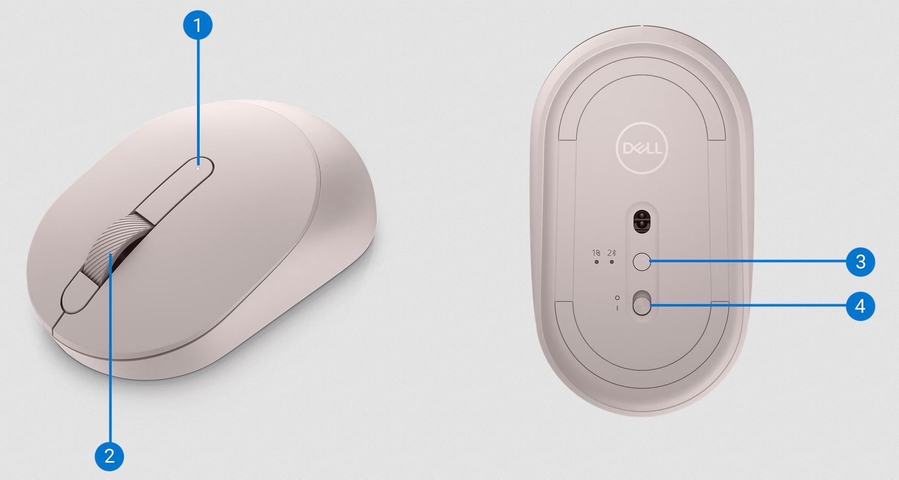 Bezprzewodowa mysz optyczna Dell MS3320W Mobile Wireless Mouse Ash Pink - schemat budowy i układ przycisków: