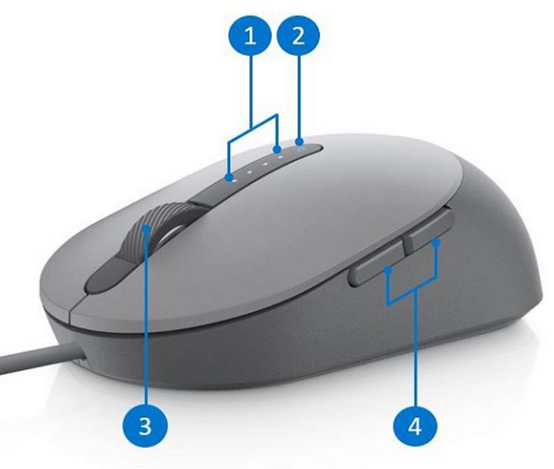Laserowa mysz przewodowa Dell MS3220 Laser Wired Mouse - schemat budowy i podgląd układu klawiszy: