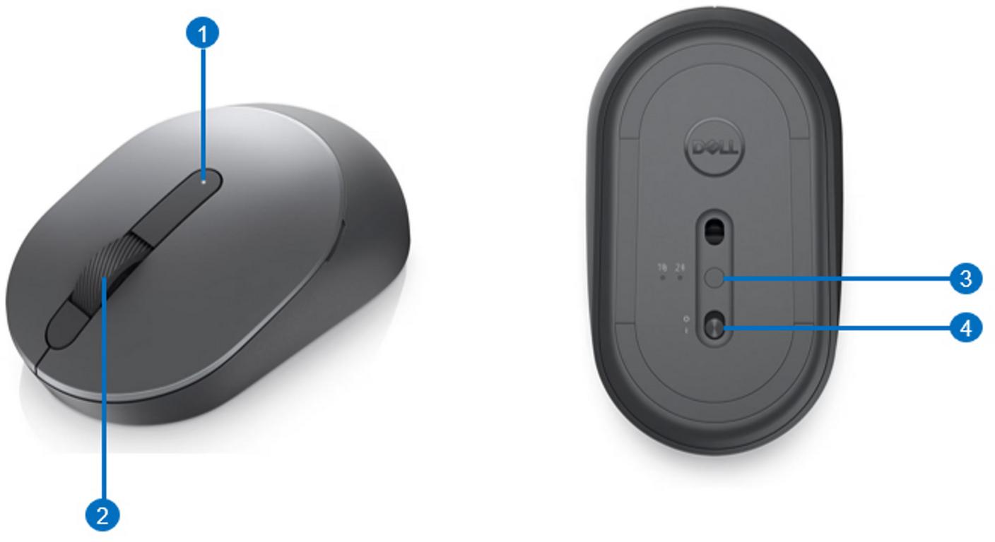 Bezprzewodowa mysz optyczna Dell MS3320W Mobile Wireless Mouse - schemat budowy i układ przycisków: