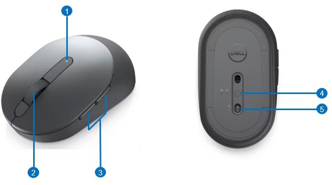 Bezprzewodowa mysz optyczna Dell MS5120W Pro Wireless Mouse - schemat budowy i układu przycisków urządzenia: