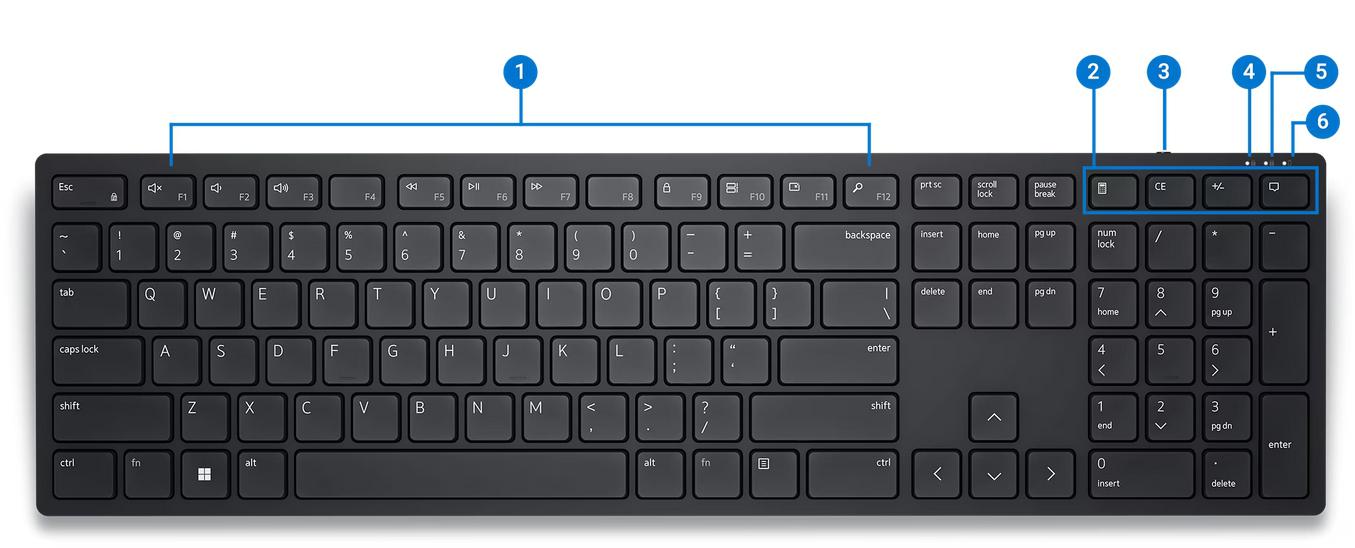 Klawiatura bezprzewodowa Dell KB500 Wireless Keyboard - schemat budowy urządzenia i jego układ: