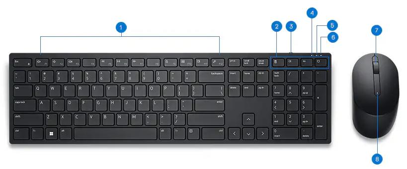 Bezprzewodowy zestaw klawiatura i mysz Dell KM5221W Pro Wireless - schemat budowy i przycisków: