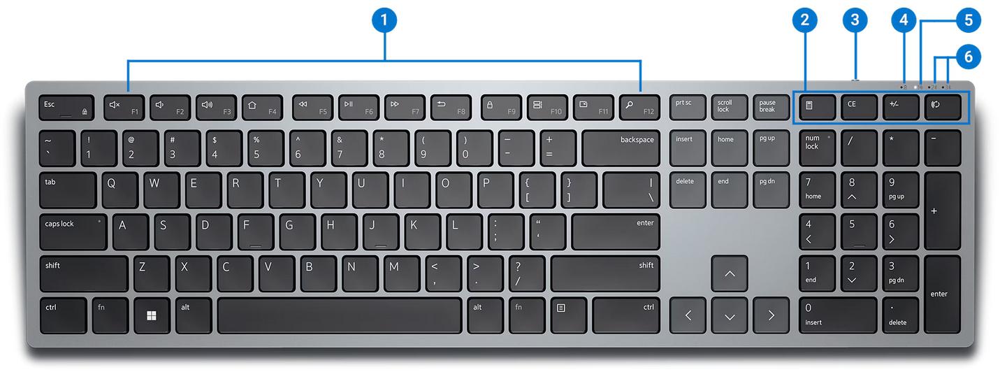 Klawiatura Dell KB700 Multi-Device Wireless Keyboard - schemat budowy i przycisków funkcyjnych: