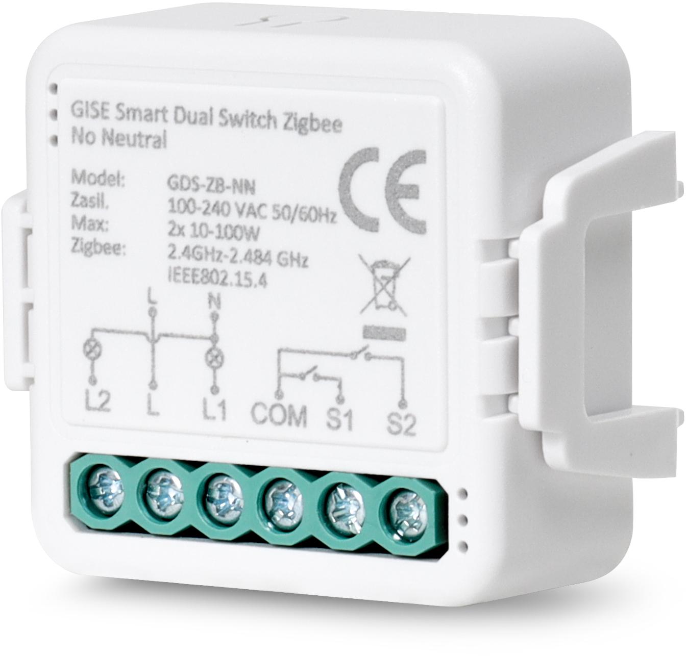 Gise SMART Dual Switch bez przewodu neutralnego- podwójny przekaźnik oświetleniowy Zigbee kompatybilny z aplikacją TUYA