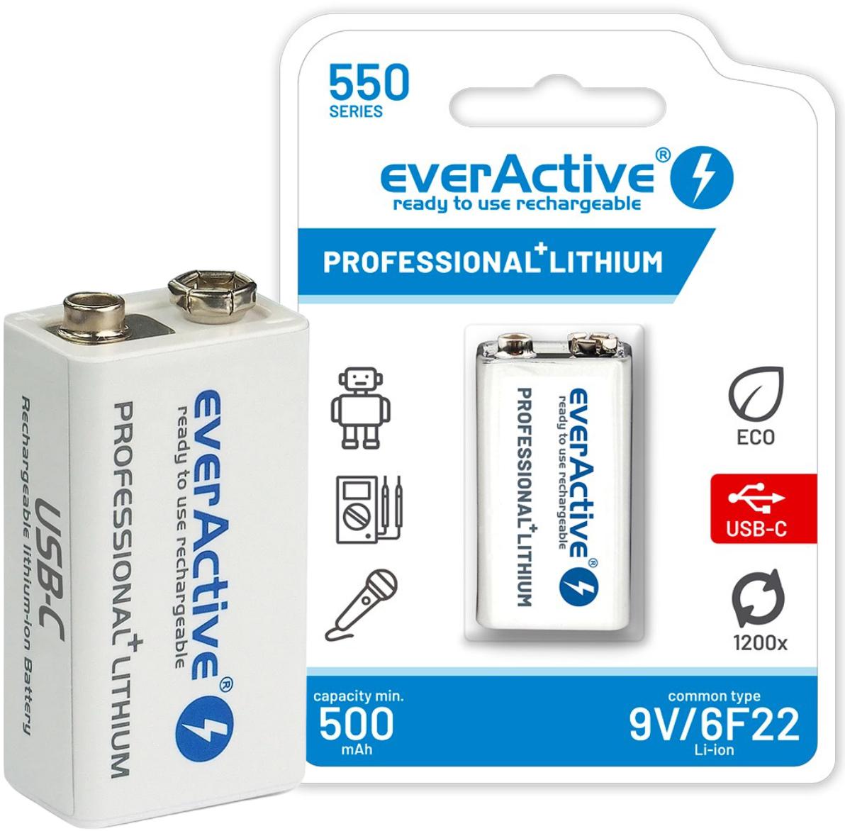 Innowacyjny akumulator 6F22 9V 550 mAh everActive wykonany w technologii Li-ion - najważniejsze cechy: