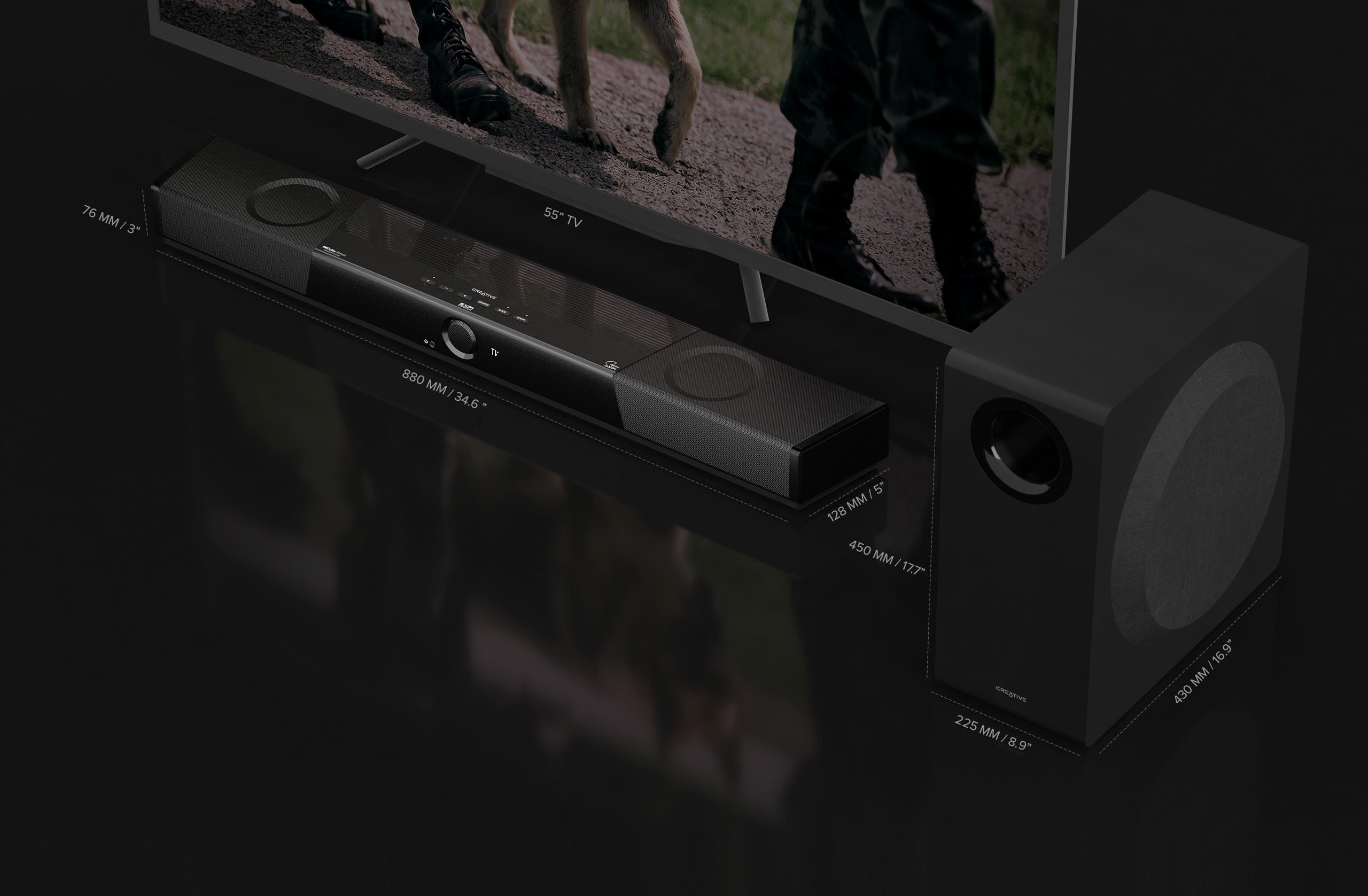 System głośników typu soundbar Dolby Atmos® z bezprzewodowym subwooferem i technologią Super X-Fi® Headphone Holography Creative Super XFI Carrier - specyfikacja i dane produktu:
