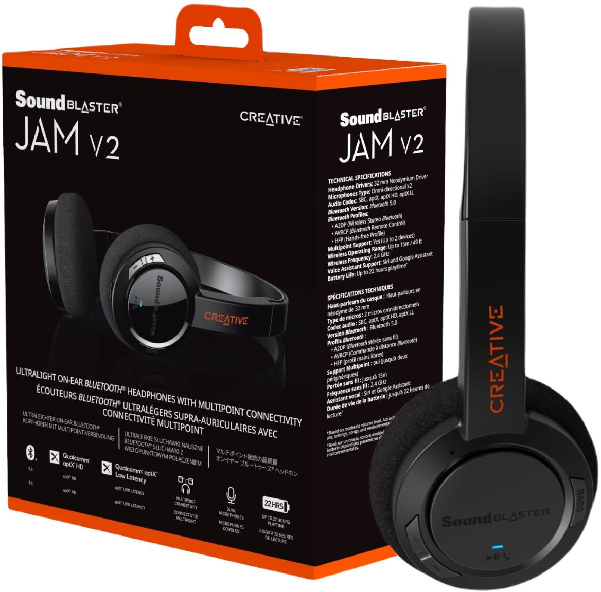 Ultralekkie słuchawki nauszne z modułem Bluetooth i technologią Multipoint Creative Sound Blaster Jam v2 - najważniejsze cechy: