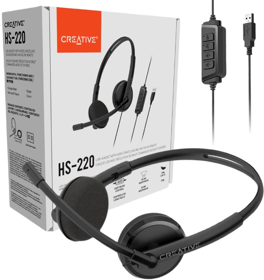 Zestaw słuchawkowy USB do pracy i nauki zdalnej z mikrofonem pojemnościowym i pilotem na kablu Creative HS-220 - najważniejsze cechy: