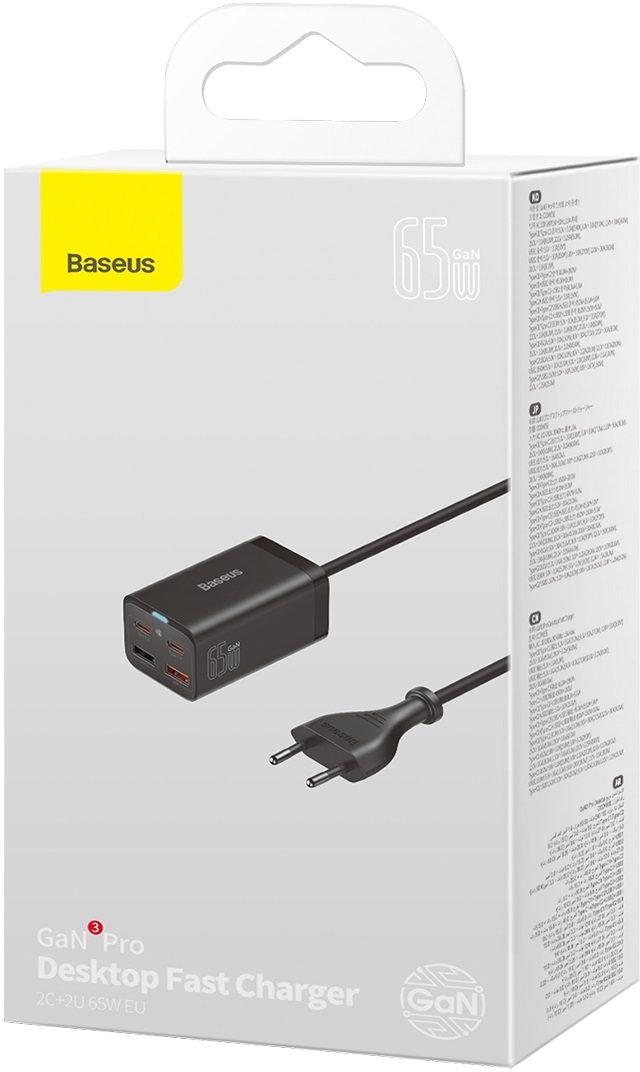 Baseus GaN3 Pro szybka ładowarka sieciowa GaN 2 x USB Typ C / 2 x USB 65W PD, QC4.0+, AFC, PPS + kabel USB Typ-C / USB Typ-C 1m czarny (CCGP040101) - specyfikacja: