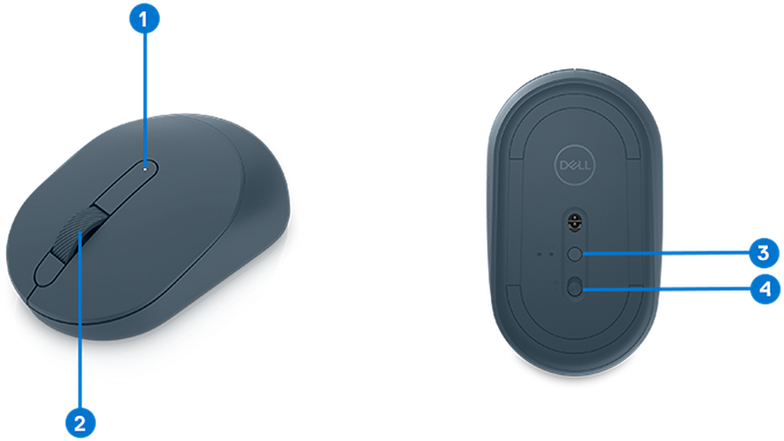 Bezprzewodowa mysz optyczna Dell MS3320W Mobile Wireless Mouse Midnight Green - schemat budowy i układ przycisków: