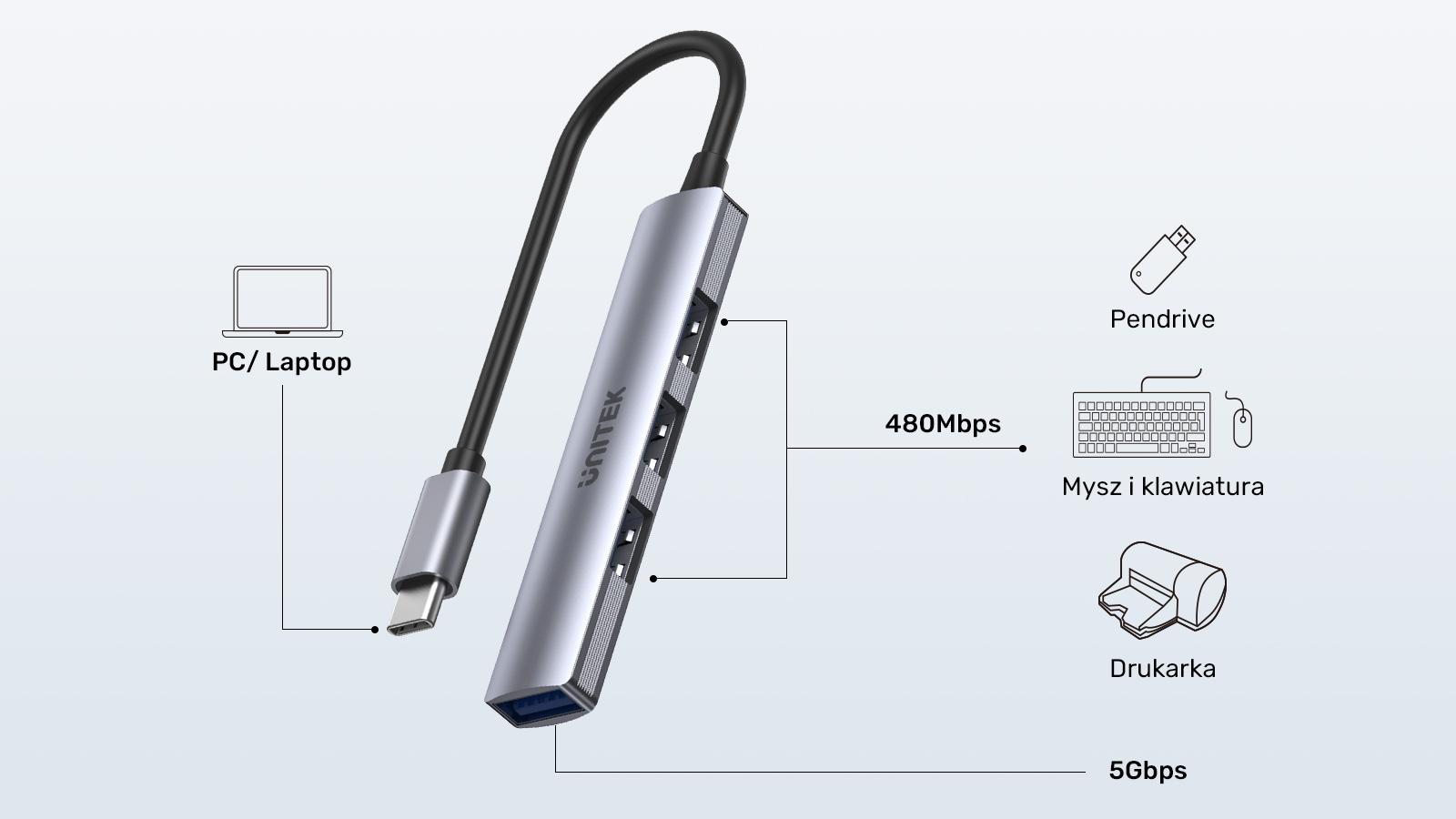 Adapter Unitek H1208B Hub USB-C 1*USB-A 5Gbps, 3*USB-A 2.0