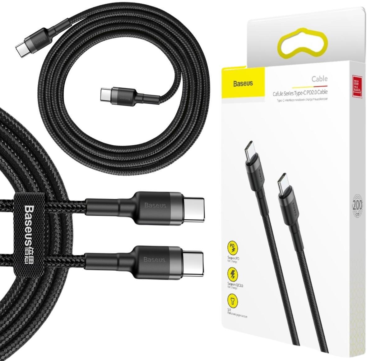 Baseus Cafule Cable nylonowy kabel przewód USB-C PD / USB-C PD PD 2.0 60 W 20 V 3 A QC 3.0 2 m CATKLF-HG1 – najważniejsze cechy: