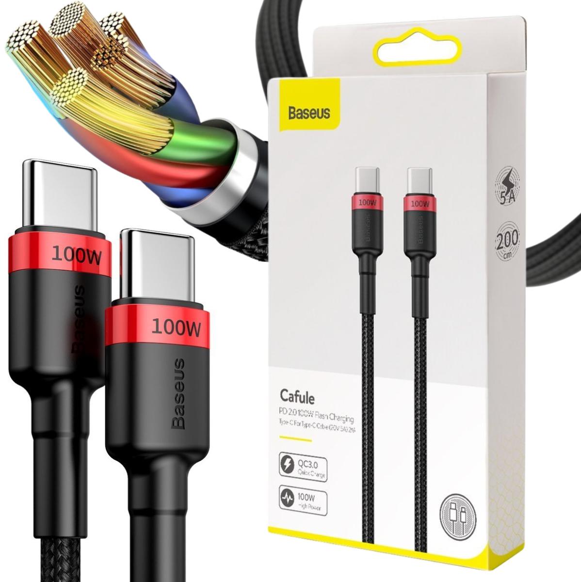 Baseus Cafule nylonowy kabel przewód USB Typ C Power Delivery 2.0 QC 3.0 100 W 20 V 5 A 2 m CATKLF-AL91 – najważniejsze cechy: