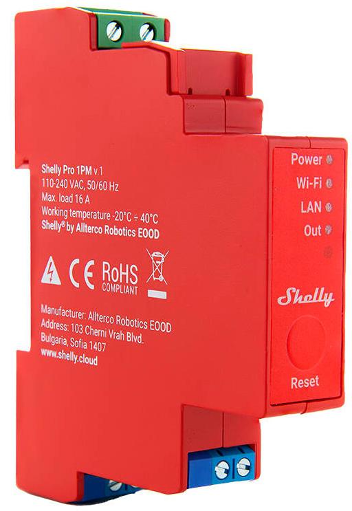 Shelly Pro 1PM 1-kanałowy przekaźnik z pomiarem energii na szynę DIN WIFI/LAN