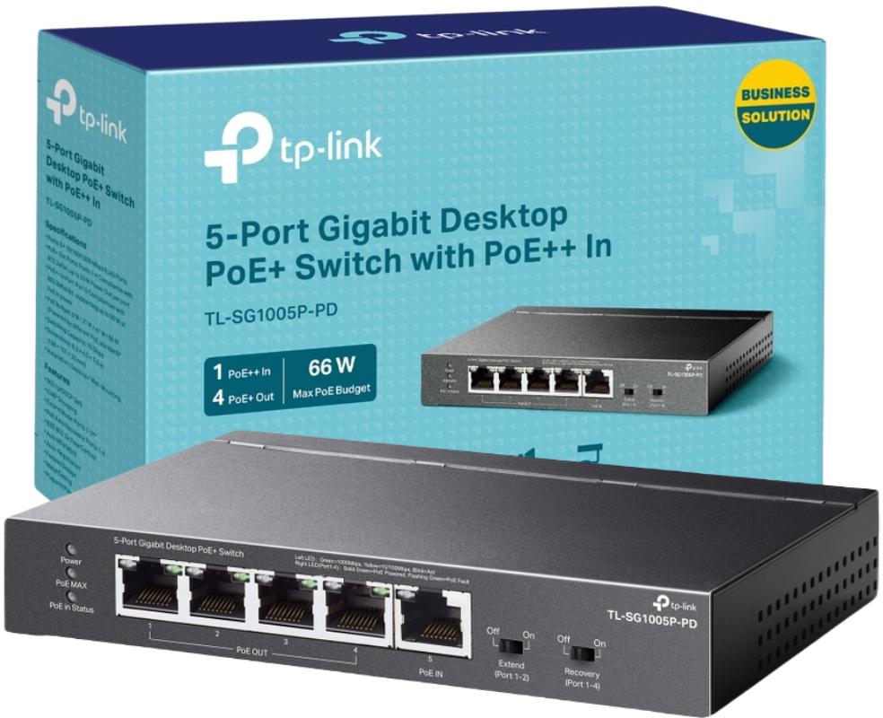 Przełącznik PoE+ typu Desktop, 5 portów gigabitowych, 1 port PoE++ IN i 4 porty PoE+ OUT TP-Link TL-SG1005P-PD - najważniejsze cechy urządzenia sieciowego: