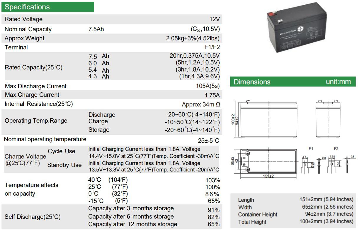 Akumulator AGM POWERBAT 12V 7.5Ah - SPECYFIKACJA TECHNICZNA: