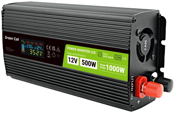 Przetwornica napięcia Green Cell PowerInverter LCD 12 V 500 W/1000 W - stabilna praca bez przerw