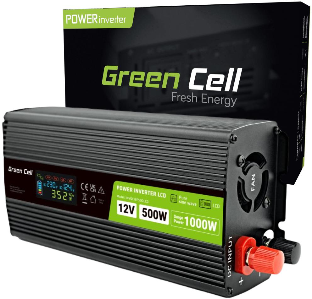 Przetwornica napięcia czysty sinus z wyświetlaczem Green Cell PowerInverter LCD 12 V 500 W/10000 W - najważniejsze cechy: